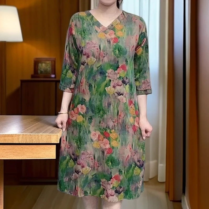 （苏依阁）春季新款V领~七分袖油彩画气质时尚百搭复古女装连衣裙