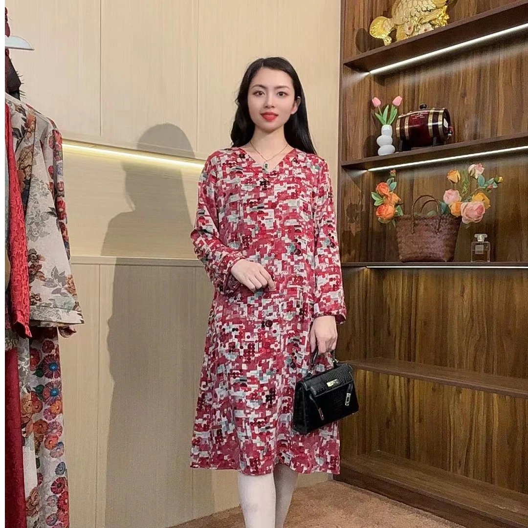 （苏依阁）CZY早秋新款V领七分袖~不规则图案复古时尚女装连衣裙