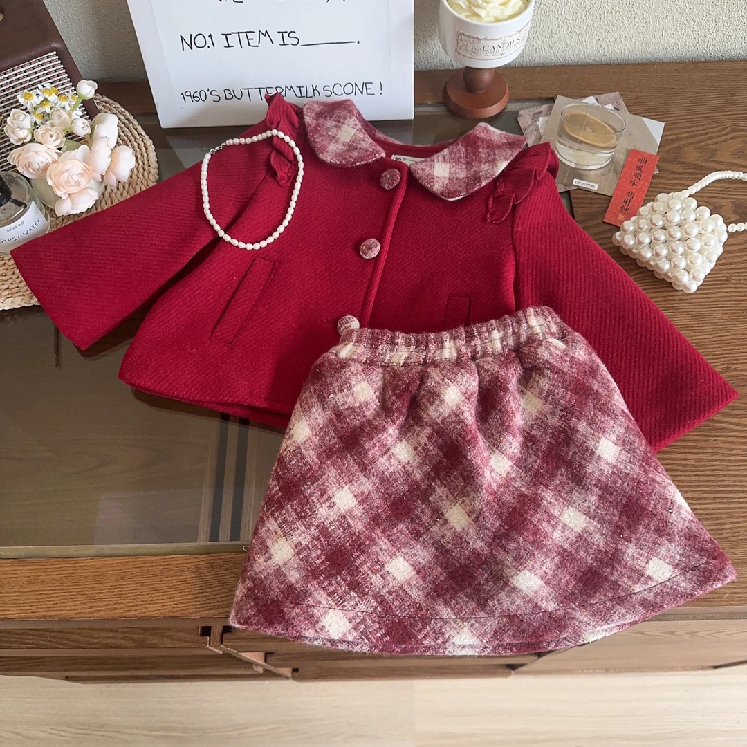 女童小香风套装冬季新款洋气时髦蝴蝶结外套格子裙两件套BWA071