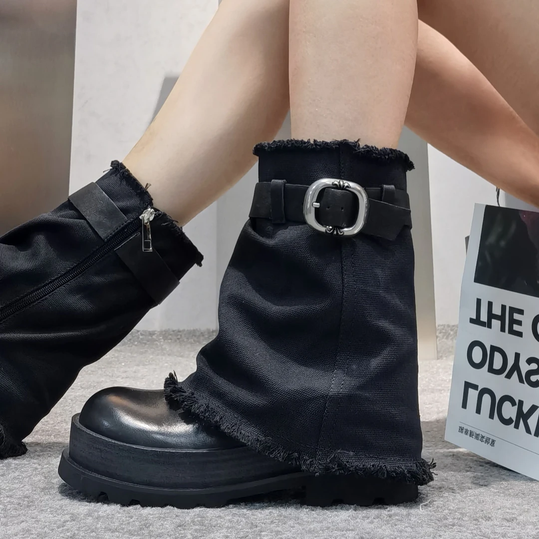 萝茜妮嫚新款设计感小众真皮百搭英伦风圆头中筒时装抖音靴子女士