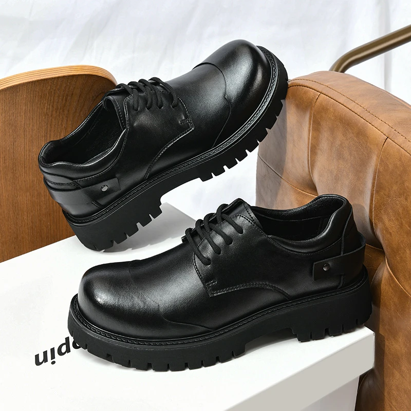 0611皮鞋男新款厚底增高男士休闲百搭大头德比低帮复古英伦马丁靴