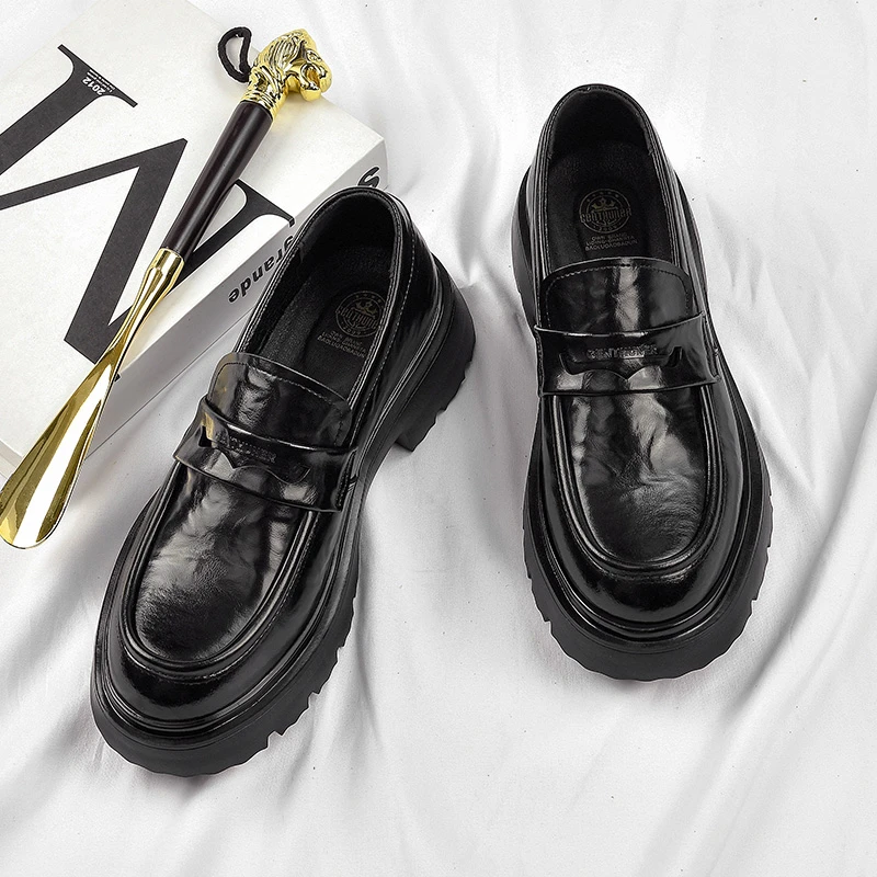 1813皮鞋男一脚蹬大头德比厚底增高男士休闲百搭时尚潮流乐福鞋男