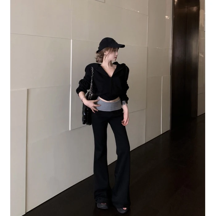 加绒加厚两件套秋冬慵懒连帽长袖卫衣外套上衣撞色喇叭拖地长裤子