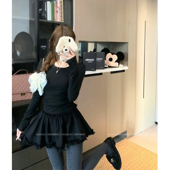 韩系花边拼接打底长袖连衣裙2024冬季新款修身显瘦德绒加厚短裙女