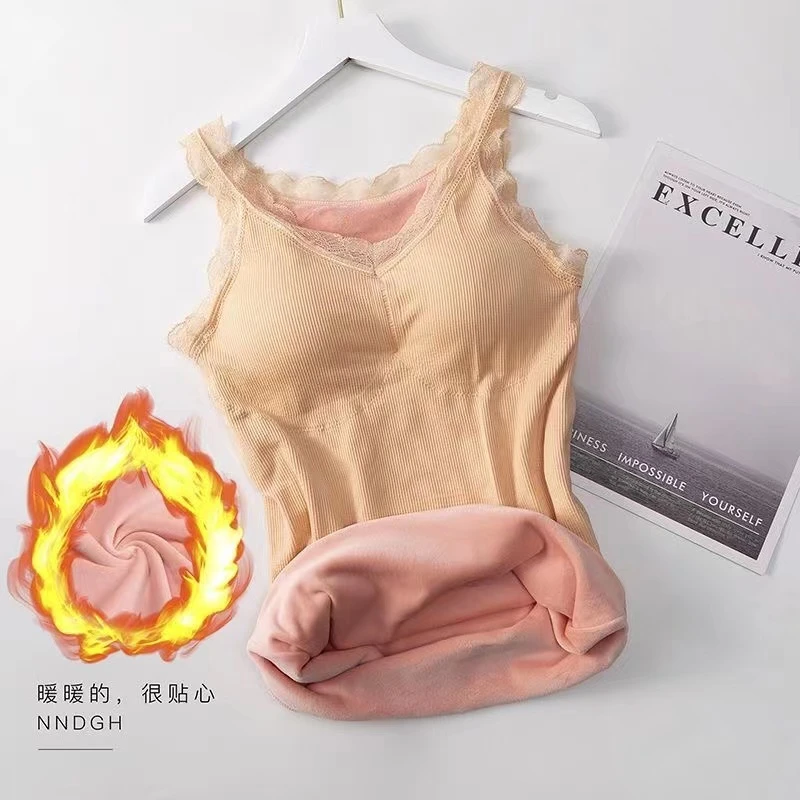 加绒背心女冬季v领蕾丝吊带打底保暖内衣加厚带胸垫无袖上衣内搭