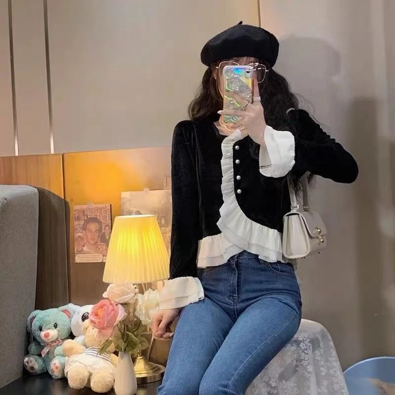 法式复古丝绒打底衬衫女秋冬2023新款设计感小众短款别致上衣ins