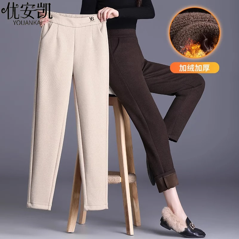 年轻妈妈秋冬毛呢裤子加绒加厚2025新款中老年女冬装松紧高腰长裤
