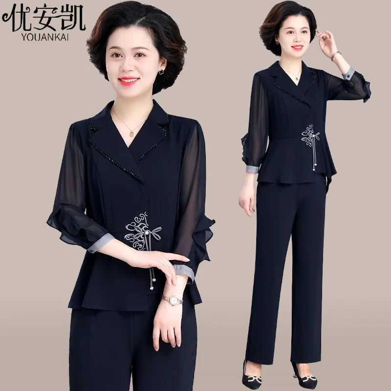 国风妈妈早秋装2024新款套装气质中老年女薄款雪纺衫上衣洋气减龄