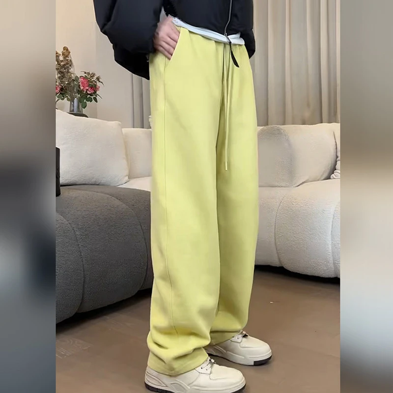 欧货黄色极简加绒抽绳阔腿裤女秋冬2023新款休闲香蕉卫裤运动裤子