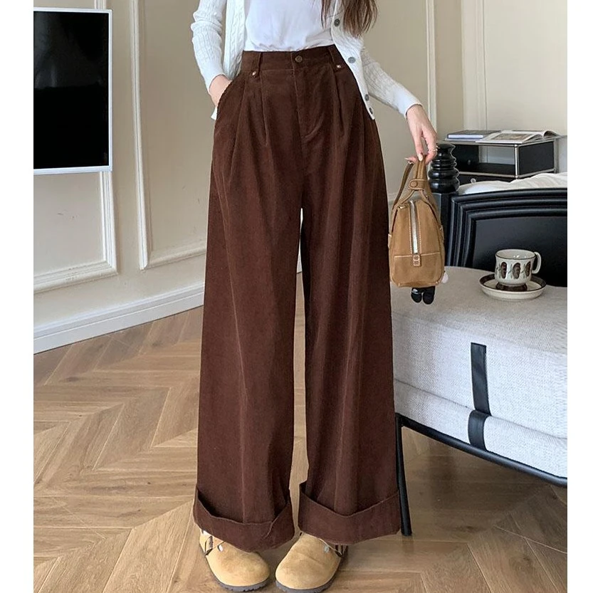 2023秋冬复古直筒条绒翻边阔腿裤女宽松显瘦灯芯绒卷边休闲裤子