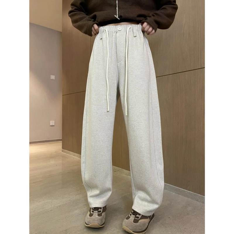肌理感加绒加厚阔腿裤女秋冬高腰显瘦抽绳弯刀裤直筒拖地休闲长裤