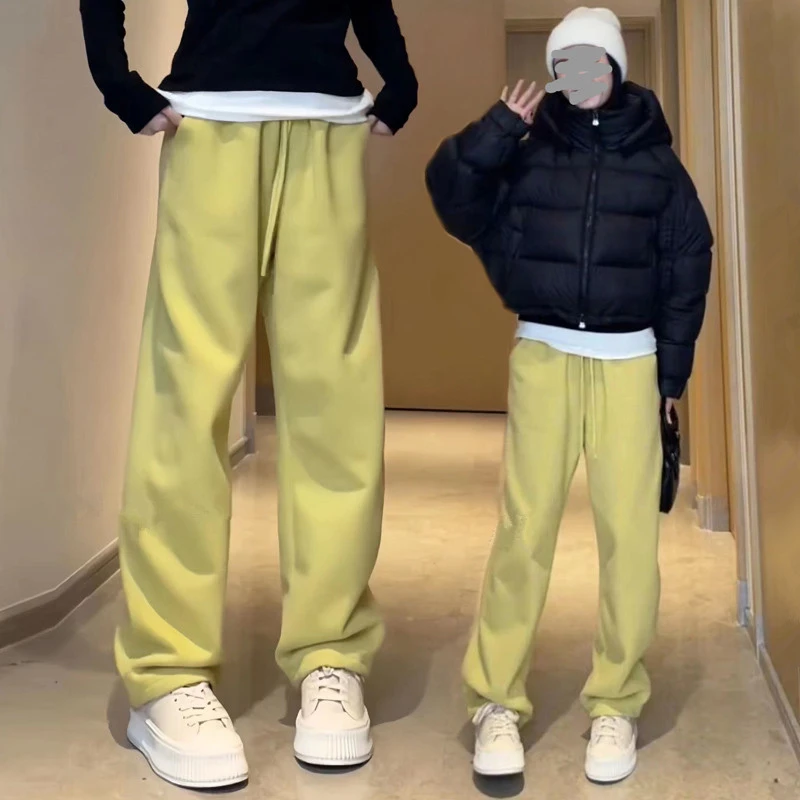 2024春季薄款极简弯刀裤女宽松休闲瘦版阔腿裤百搭显瘦黄色卫裤子