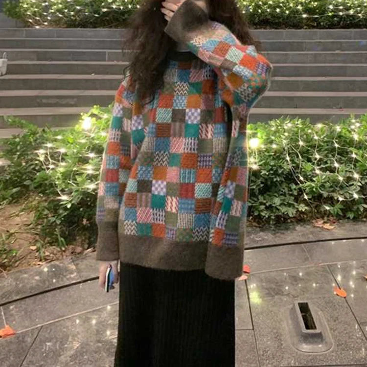 毛衣女秋冬外穿新款日系慵懒风复古森系撞色格子针织衫上衣
