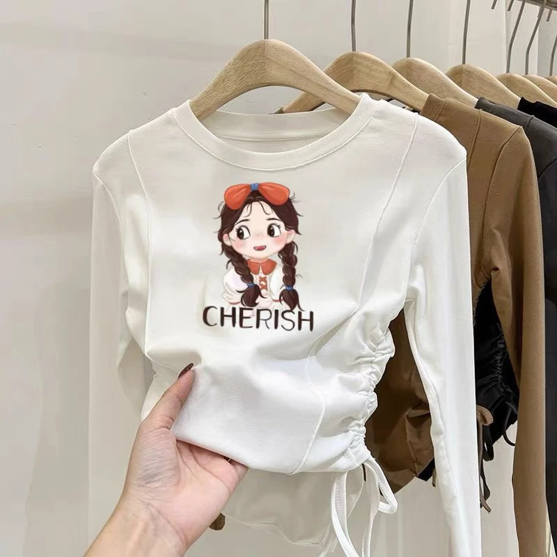 女童秋装修身抽绳上衣2024爆款中大童内搭打底衫儿童洋气长袖T恤