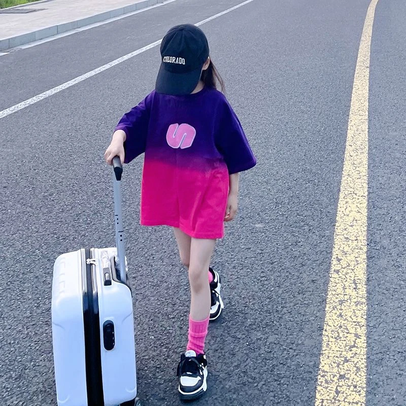 女童冰丝T恤洋派夏装2023新款儿童休闲渐层大T夏季女大童宽松T恤