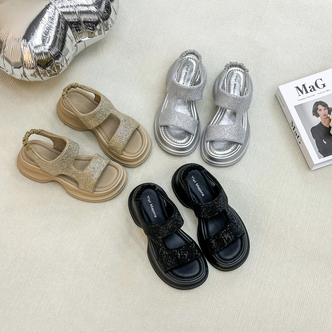 G700夏季气质时尚水钻松糕厚底罗马鞋海边沙滩软底百搭凉鞋