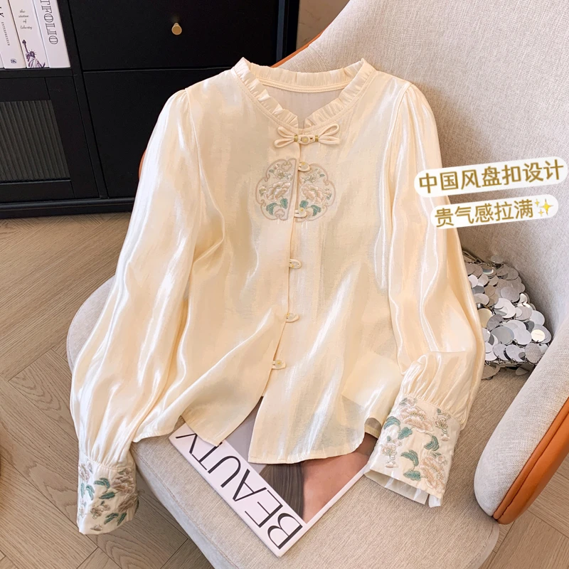 古风立领刺绣上衣女2024春季新款高级感气质洋气新中式轻国风衬衫