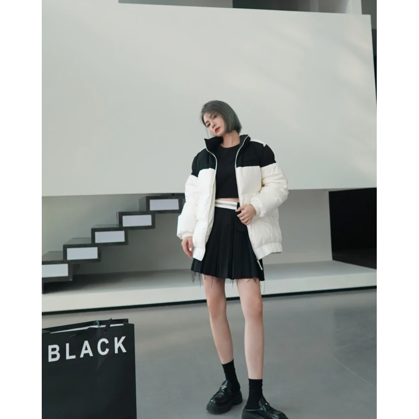 nado原创【赫本】后领飘带90白鸭羽绒服拼接立领长袖长款