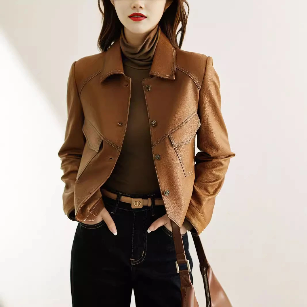 2025年海宁新款冬季短款女真皮皮衣修身百搭真皮绵羊皮皮衣女外套