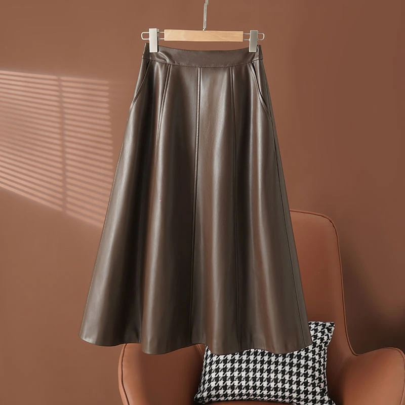 海宁真皮皮裙半身裙女中长款2025秋季新款绵羊皮高腰显瘦A字伞裙