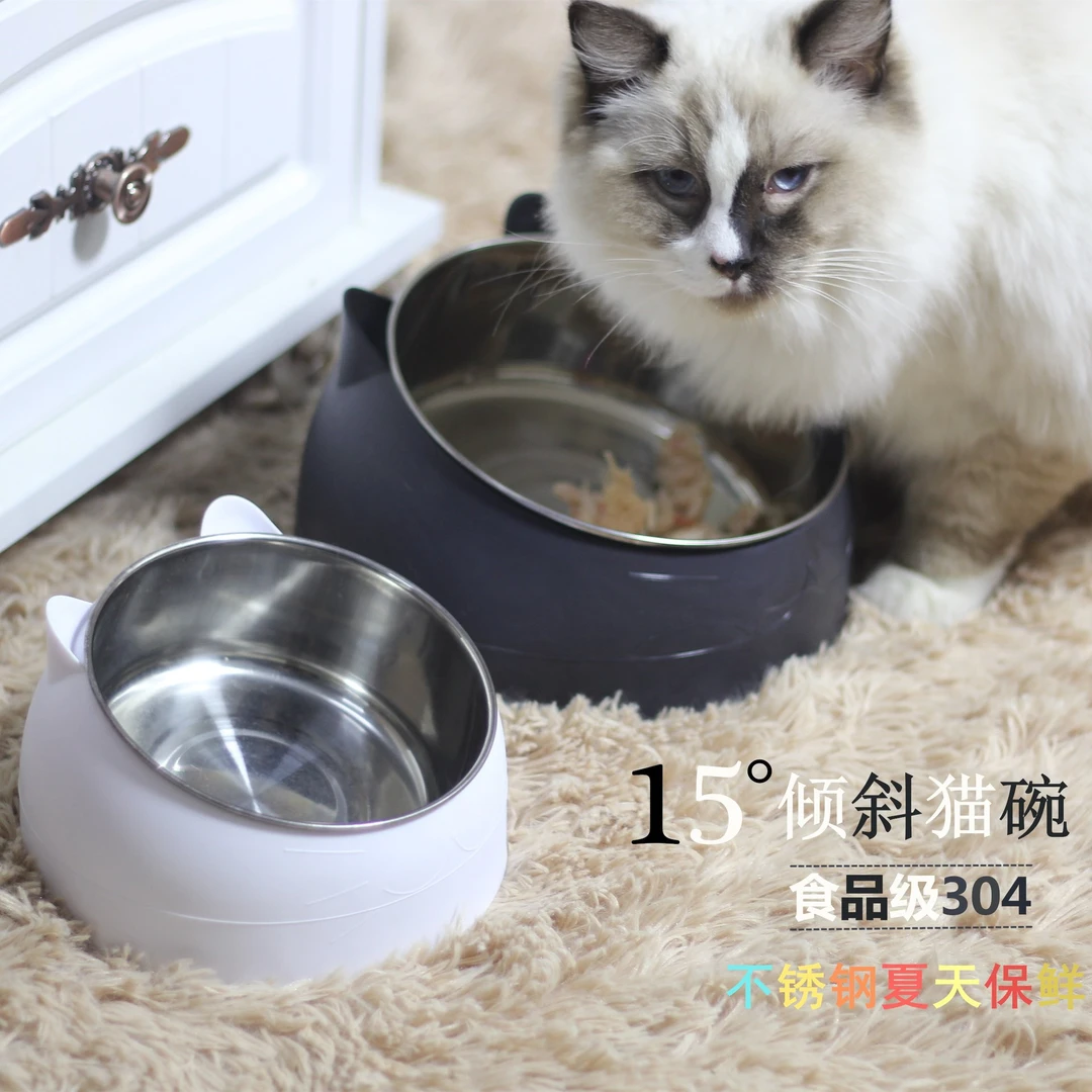 不锈钢猫碗狗碗双碗保护颈椎猫碗斜口爆款宠物食盆猫咪用品食品级