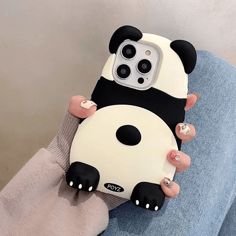 卡通立体黑白熊适用iPhone15手机壳14promax硅胶13pro可爱12女11
