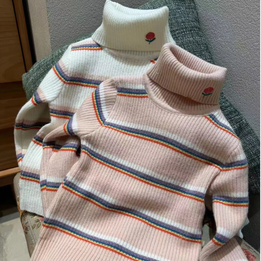 儿童毛衣2023冬季新款洋气宝宝加厚保暖舒适高领套头打底针织衫