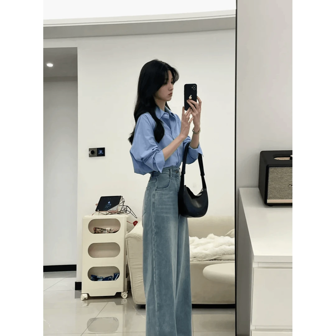 休闲时尚气质干练套装女早秋高级感蓝色衬衫复古牛仔阔腿裤两件套