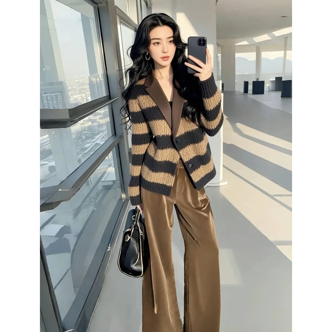 入初冬装搭配一整套大码胖mm高级感小香风针织开衫外套休闲裤套装