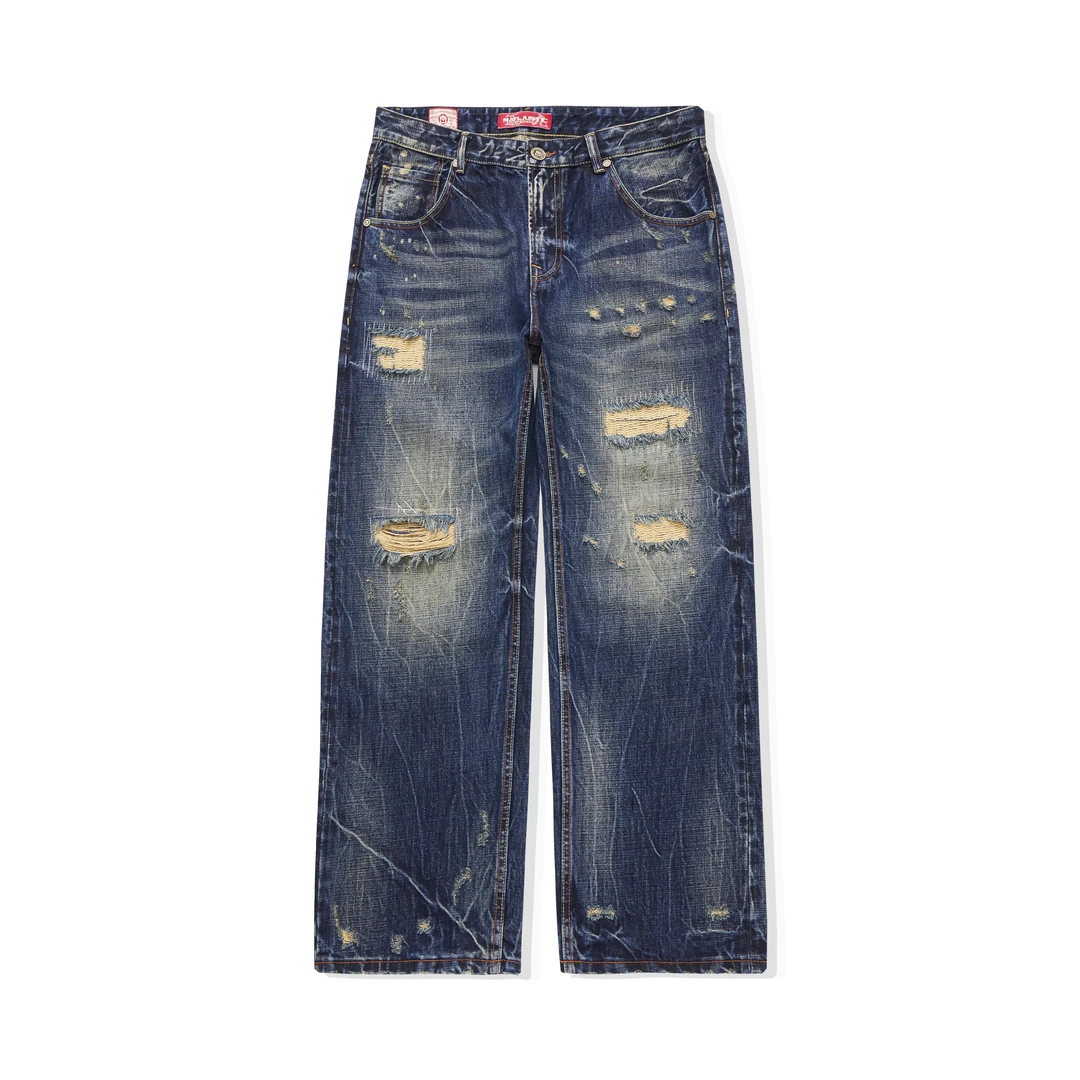 （赤耳J807#）美式100棉假破洞蓝边阔腿复古怀旧宽松修身重磅牛仔裤