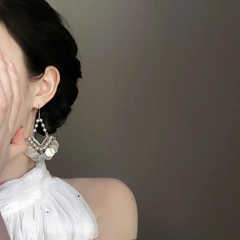 超仙法式耳挂复古贝壳流苏耳环女轻奢高级