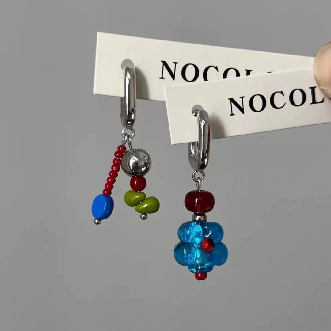 铜合金耳饰 铜合金树脂耳饰 不对称小蓝花耳环新款简约气质少女古