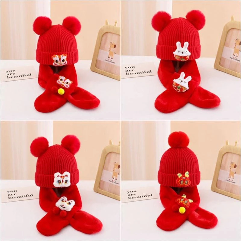 红色宝宝新年帽婴儿帽子秋冬季毛线过年喜庆套头帽周岁满月虎头帽