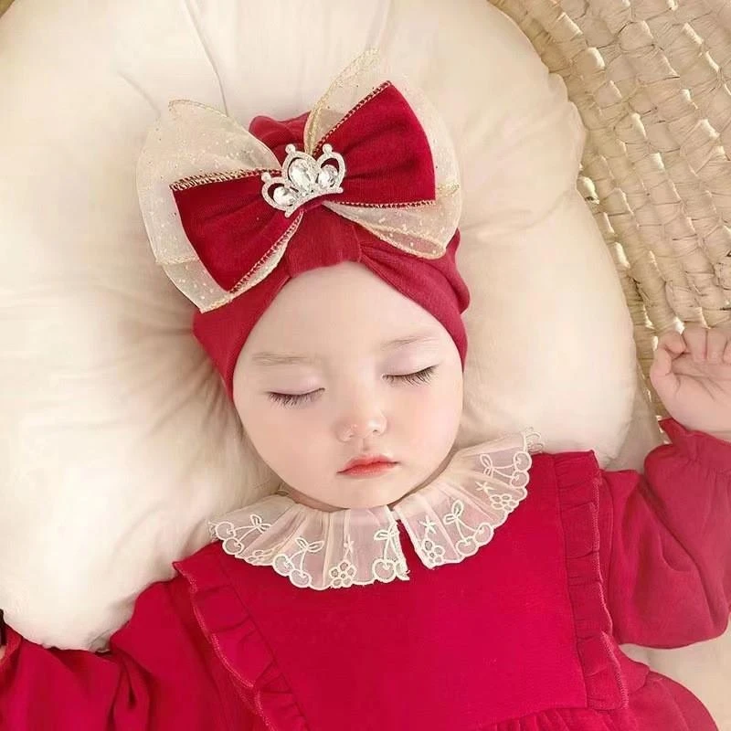 婴儿帽子冬季婴幼儿胎帽红色初生女宝宝过年圣诞帽护囟门脑门保暖
