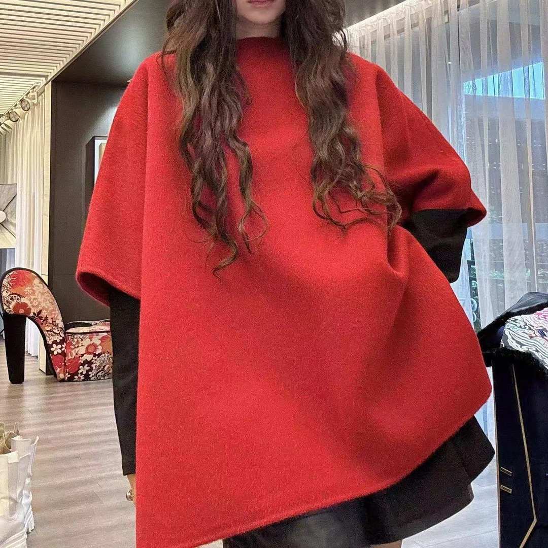 【周周家】时尚秋冬女半袖手工缝制双面苏力大红百搭斗篷红色上衣