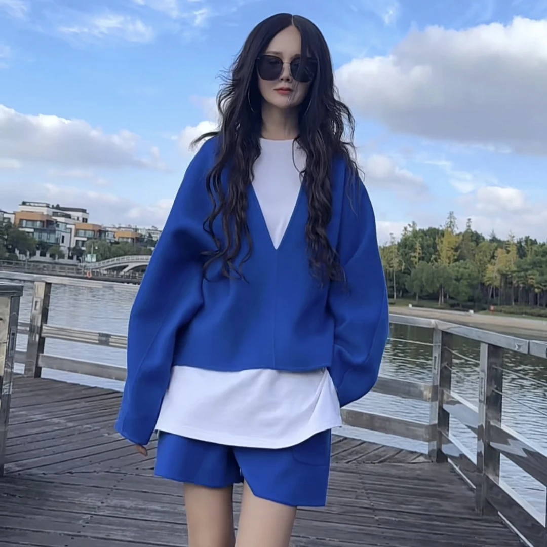 【周周家】独家原创全手工缝制宝蓝双面羊绒短裤休闲小众上衣两件套