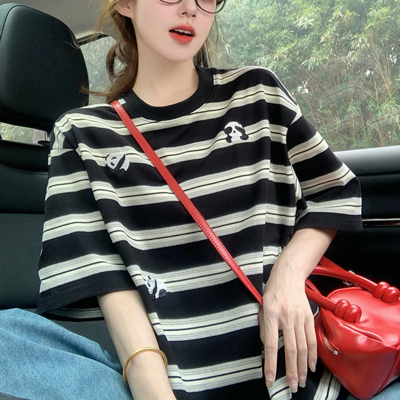 2025新款夏季黑色条纹短袖T恤女熊猫美复古设计感小众宽松上衣777