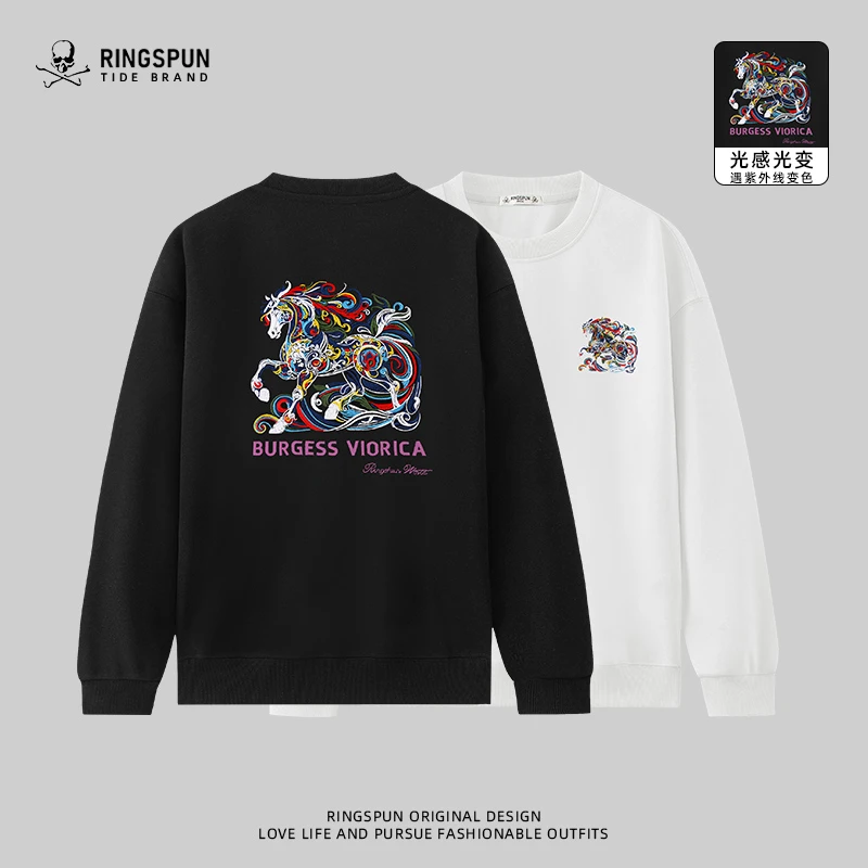 【R奔腾彩马】RINGSPUN骷髅头重工刺绣卫衣男秋季男士圆领长袖T恤潮