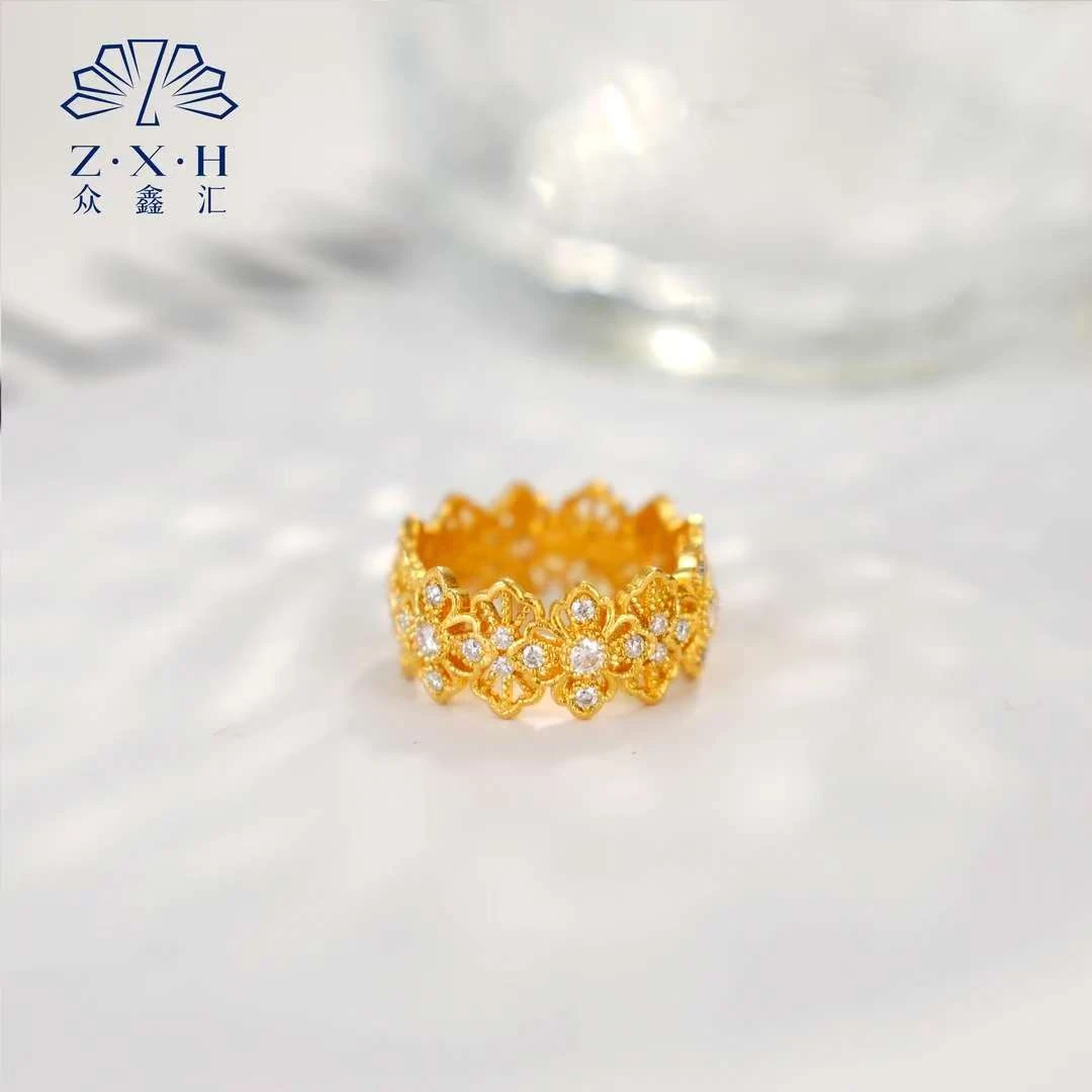 {众鑫汇}足金999 多规格莫桑点钻玫瑰窗花戒指