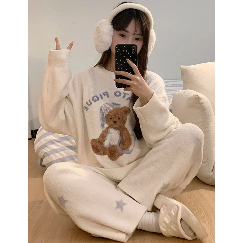 【针织小熊】韩版甜美半边绒睡衣女冬季新款加厚保暖宽松家居服套装