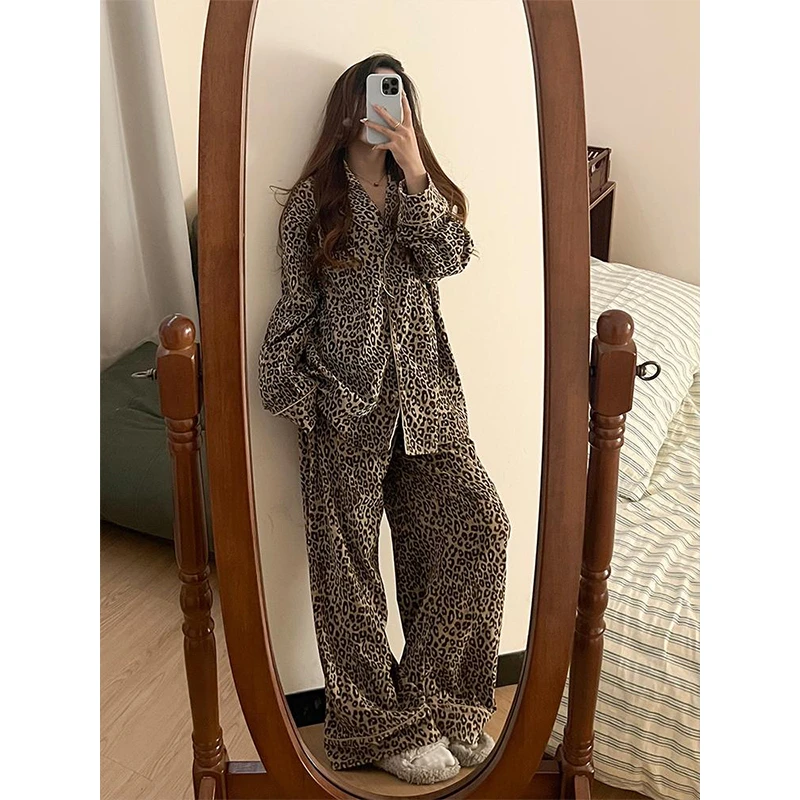 【豹纹法兰绒】复古高级感睡衣女秋冬款可外穿珊瑚绒家居服保暖套装