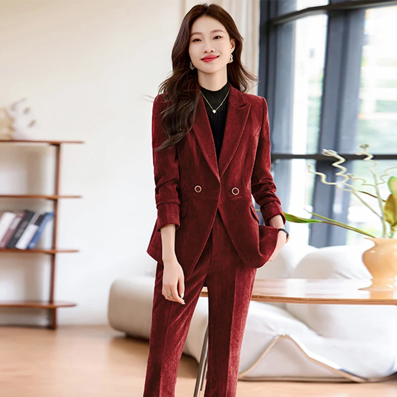 红色加厚西装套装女2024秋冬新款百搭高级设计感亮闪西装套装