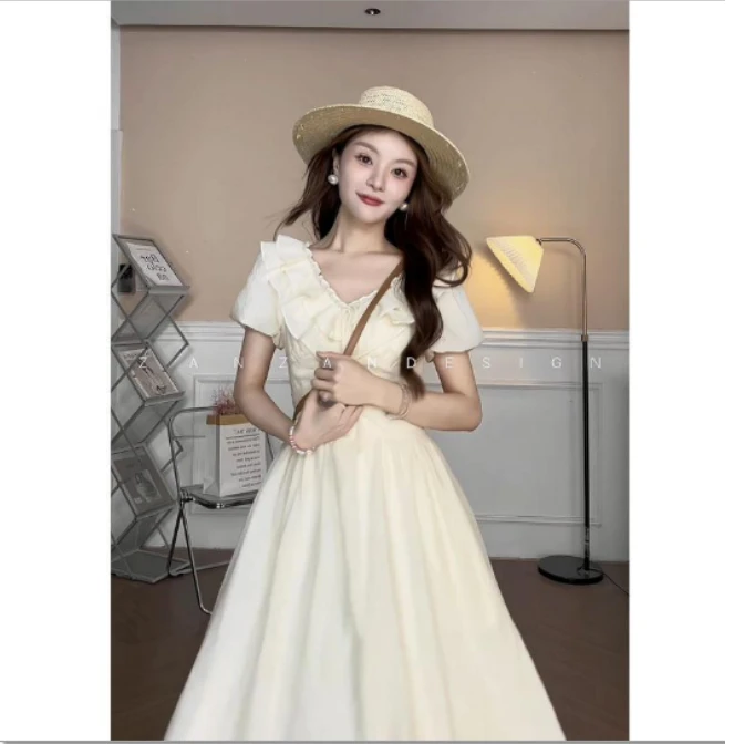 美静 杏色荷叶边连衣裙XMZH1712（清）