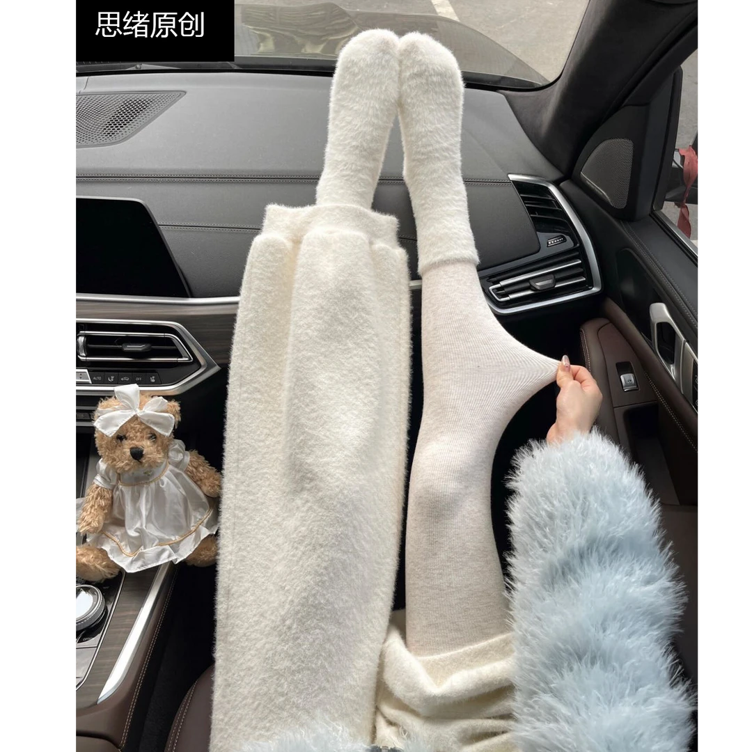 燕麦白高腰显瘦螺纹外穿裤袜女秋冬季加绒加厚保暖慵懒感打底裤袜