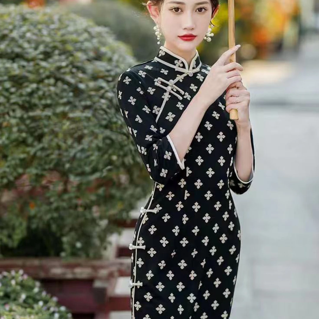 中国风中长款秋冬时尚显瘦旗袍国风服装中式民族风立领修身434