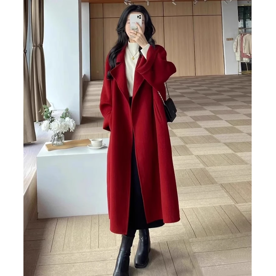 羽绒内胆红色双面呢子大衣女2024秋冬过年新衣高级感加厚毛呢外套