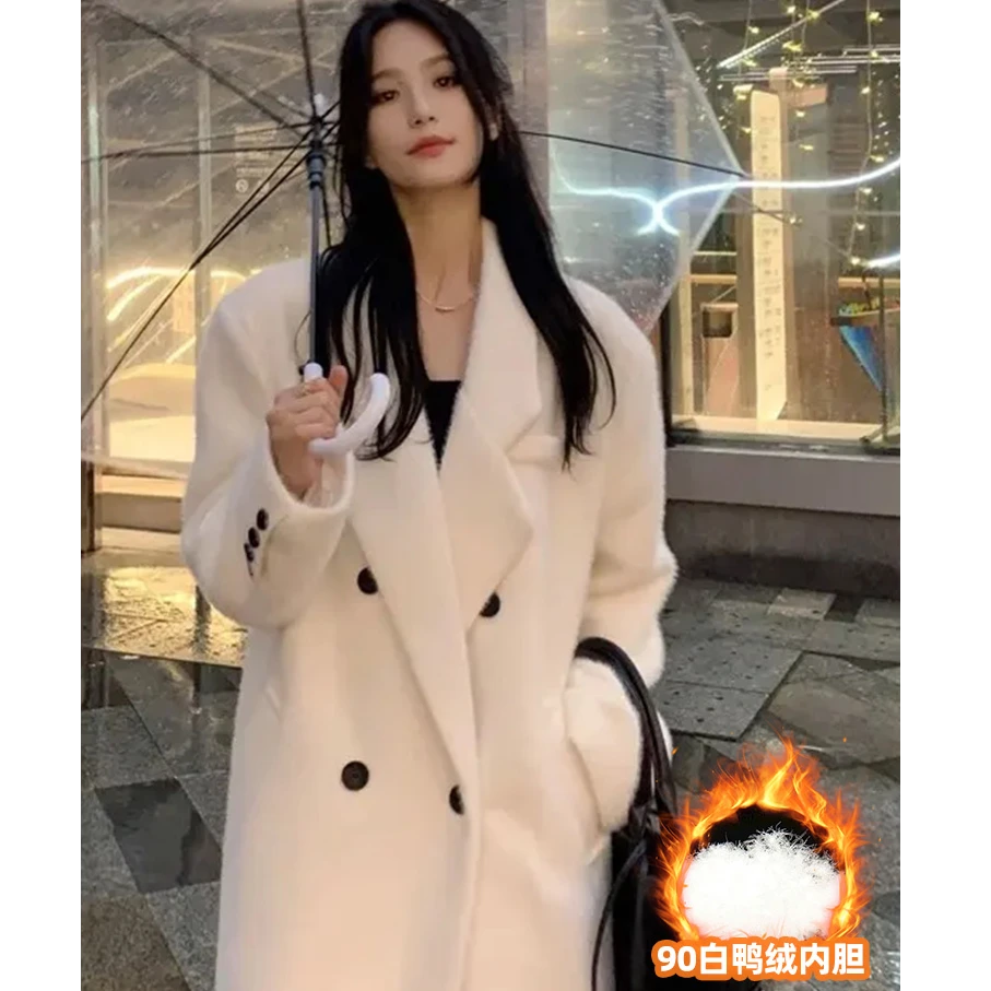 白色气质羽绒服内胆呢子大衣女2024冬新款小个子仿水貂绒毛呢外套