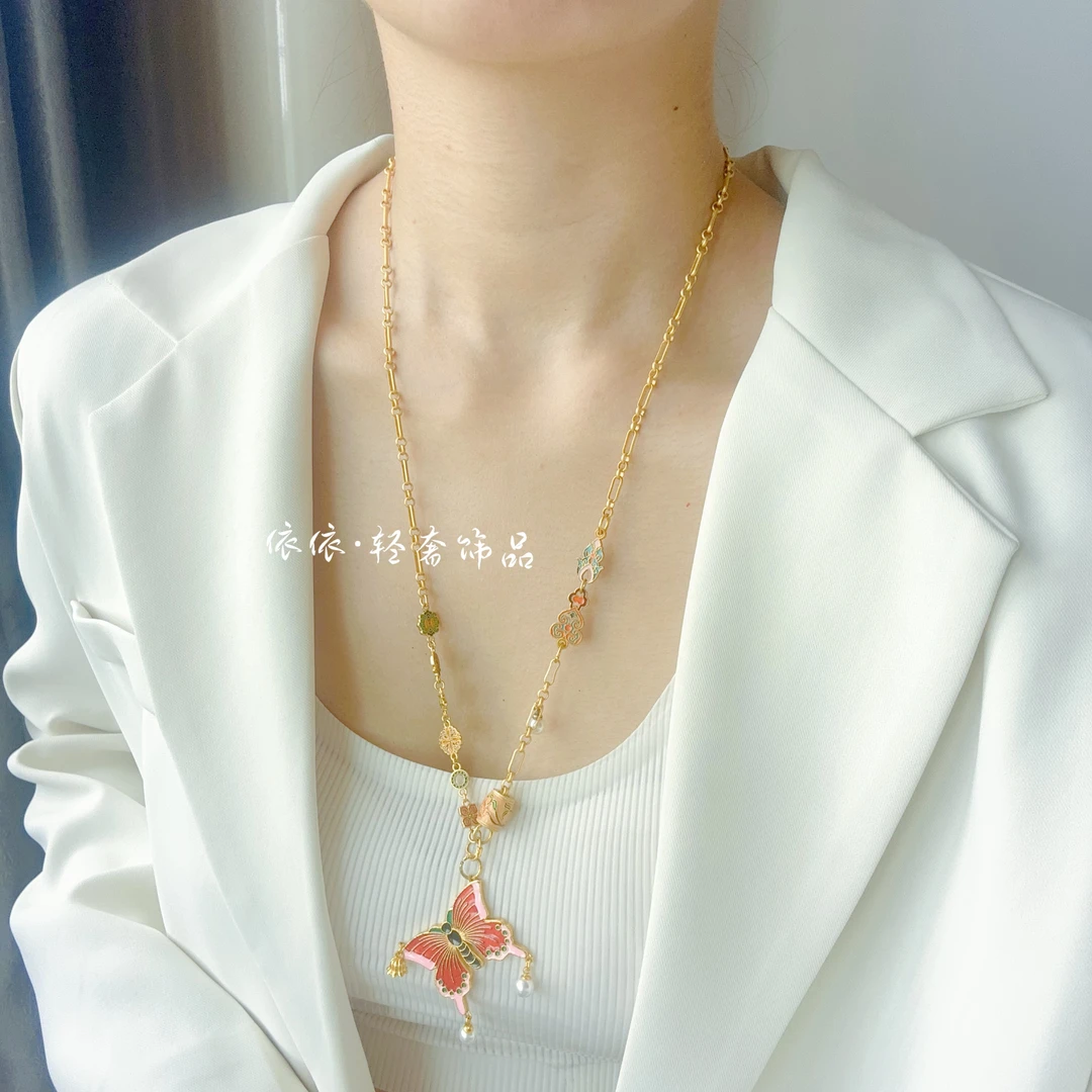 合金珐琅项链 合金项链【红蓝面蝴蝶配兰花桶珠链】原创设计毛衣链
