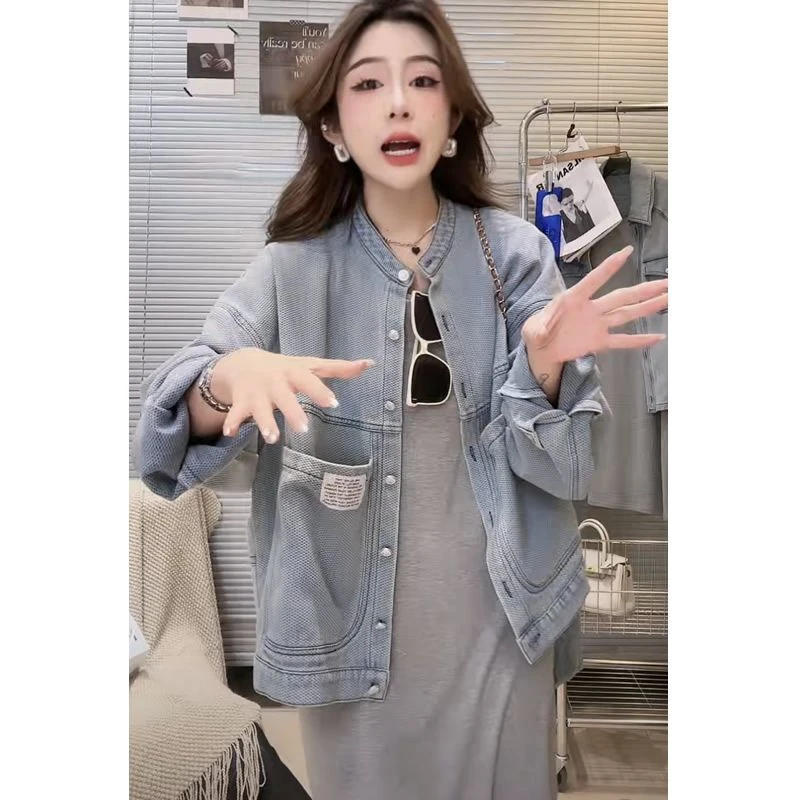 秋季新款韩版设计感大口袋提花牛仔外套女宽松休闲百搭小众牛仔衣