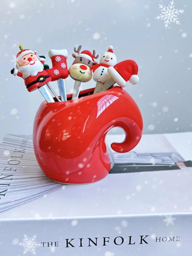 【瓷木专属】网红圣诞陶瓷小象家用304不锈钢叉子水果ins风甜品叉